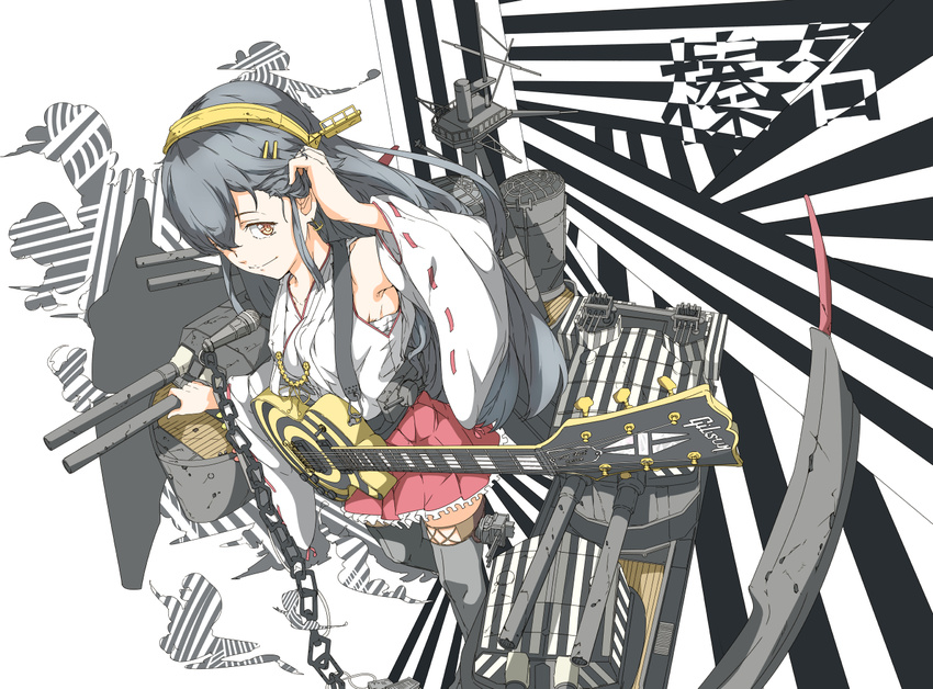 black_footwear black_hair black_legwear boots brown_eyes camouflage character_name dazzle_paint detached_sleeves gibson guitar hair_ornament hair_tucking hairband hairclip haruna_(kantai_collection) headgear instrument japanese_clothes kantai_collection les_paul long_hair looking_at_viewer ninimo_nimo nontraditional_miko remodel_(kantai_collection) skirt smile solo thigh_boots thighhighs weapon zettai_ryouiki