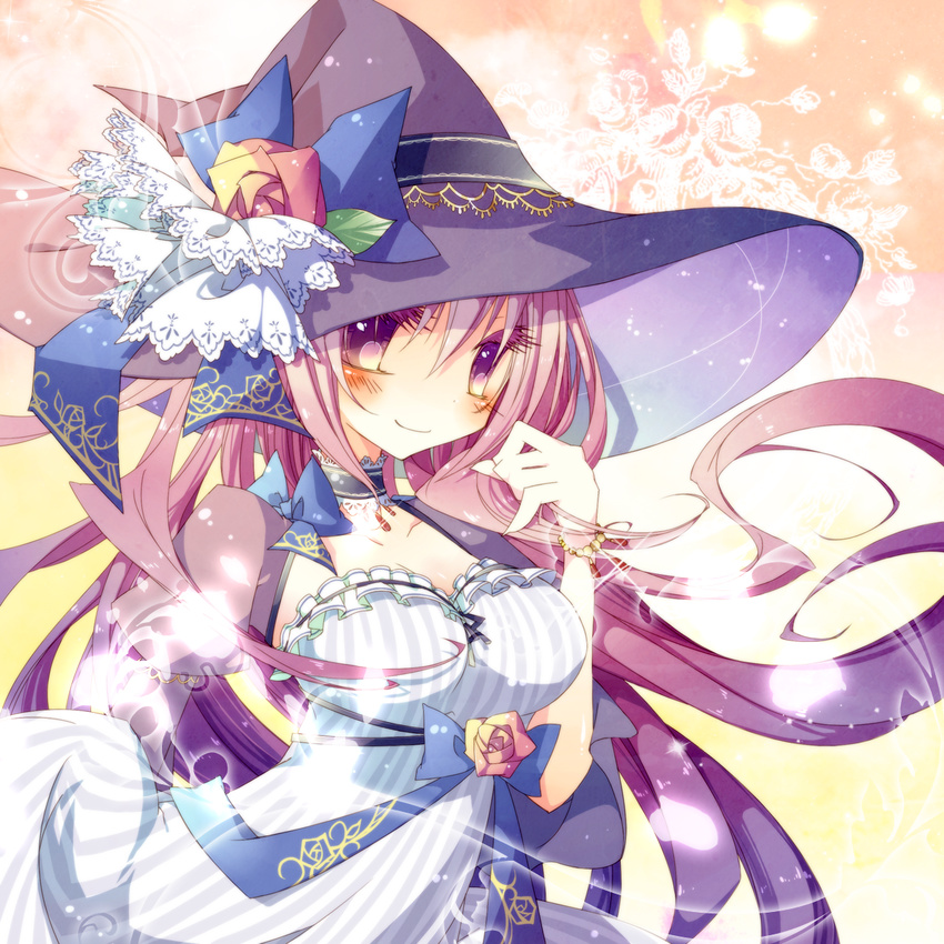 arima_(arcadicauto) bow bracelet collar dress flower frilled_collar frills hat hat_bow hat_flower highres jewelry original purple_eyes purple_hair smile solo striped vertical-striped_dress vertical_stripes witch witch_hat