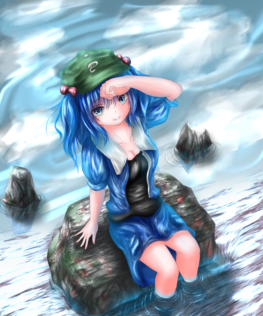 blue_eyes blue_hair breasts cleavage dutch_angle flat_cap hair_bobbles hair_ornament hand_on_own_forehead hat highres kawashiro_nitori large_breasts looking_at_viewer open_clothes open_shirt ripples shirt short_hair short_sleeves sitting sitting_on_rock skirt smile soaking_feet solo stream thcapenxer1234 touhou two_side_up undershirt wet wet_clothes