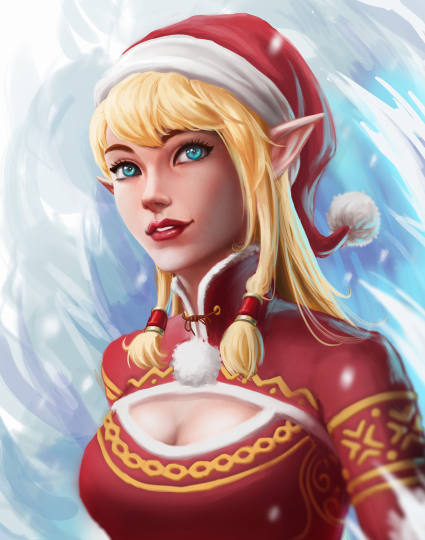 bangs blonde_hair blue_background blue_eyes breasts christmas christmas_sweater cleavage elf hair_tubes hat highres kenneth_tham_rui_yong light_smile lips lipstick long_hair looking_at_viewer makeup mascara medium_breasts meme_attire open-chest_sweater original parted_lips pointy_ears pom_pom_(clothes) red_lipstick santa_hat sidelocks snow solo sweater upper_body