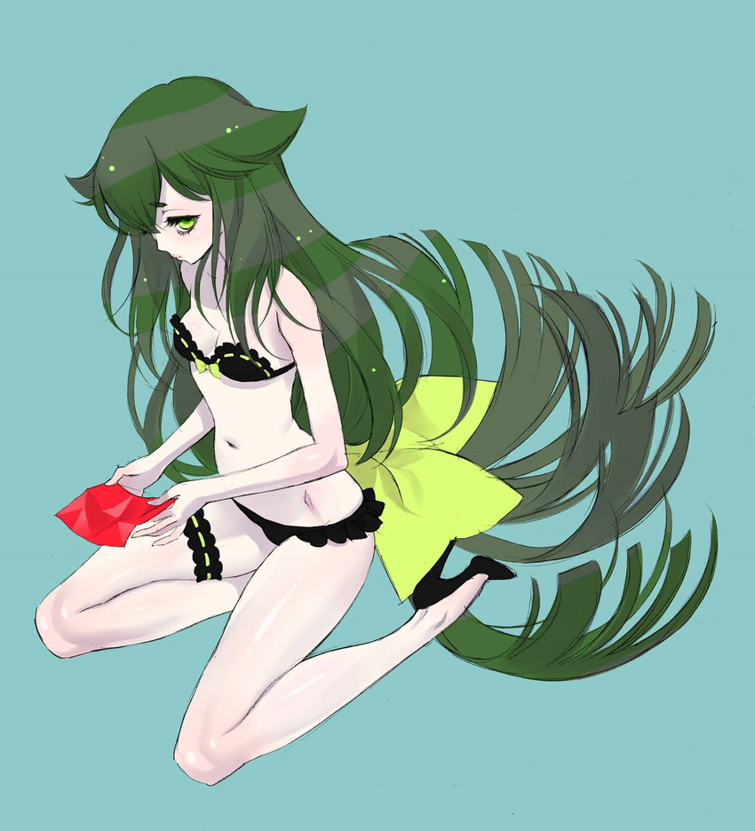 1girl absurdly_long_hair bikini black_bikini blush breasts female frilled_bikini frills gatchaman gatchaman_crowds green_eyes green_hair high_heels kujou_kiyo leg_garter long_hair low-tied_long_hair md5_mismatch simple_background solo swimsuit utsutsu very_long_hair