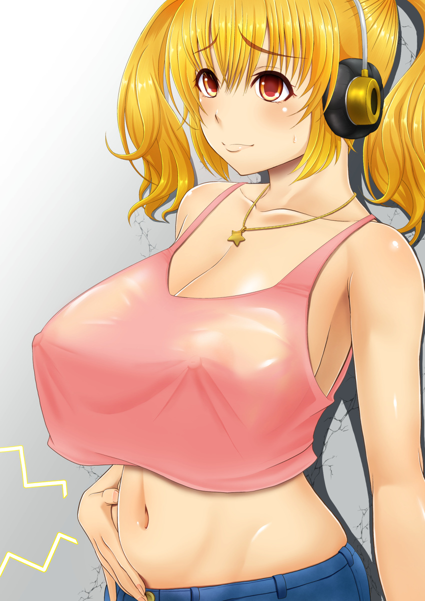 blonde_hair blush breasts cleavage collarbone covered_nipples crop_top crop_top_overhang hand_on_own_stomach headphones highres huge_breasts hunger_pangs hungry jewelry navel necklace nitroplus orange_eyes short_hair smile solo stomach stomach_growling super_pochaco tomatto_(@ma!) twintails