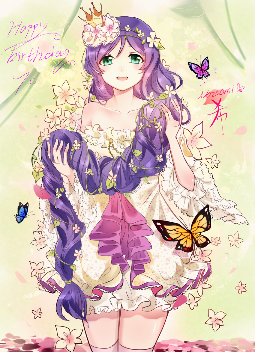 braid bug butterfly character_name crown dress flower green_eyes hair_flower hair_ornament hair_over_shoulder hair_vines happy_birthday highres holding holding_hair insect long_hair love_live! love_live!_school_idol_project off-shoulder_dress off_shoulder plant purple_hair single_braid solo toujou_nozomi very_long_hair vines xinghuo