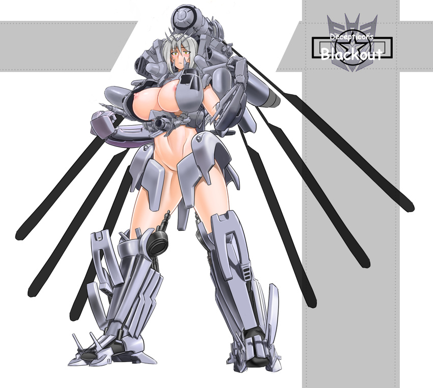 1girl areolae blackout blush breasts full_body huge_breasts mecha_musume nipples personification silver_hair simple_background solo standing transformers yellow_eyes