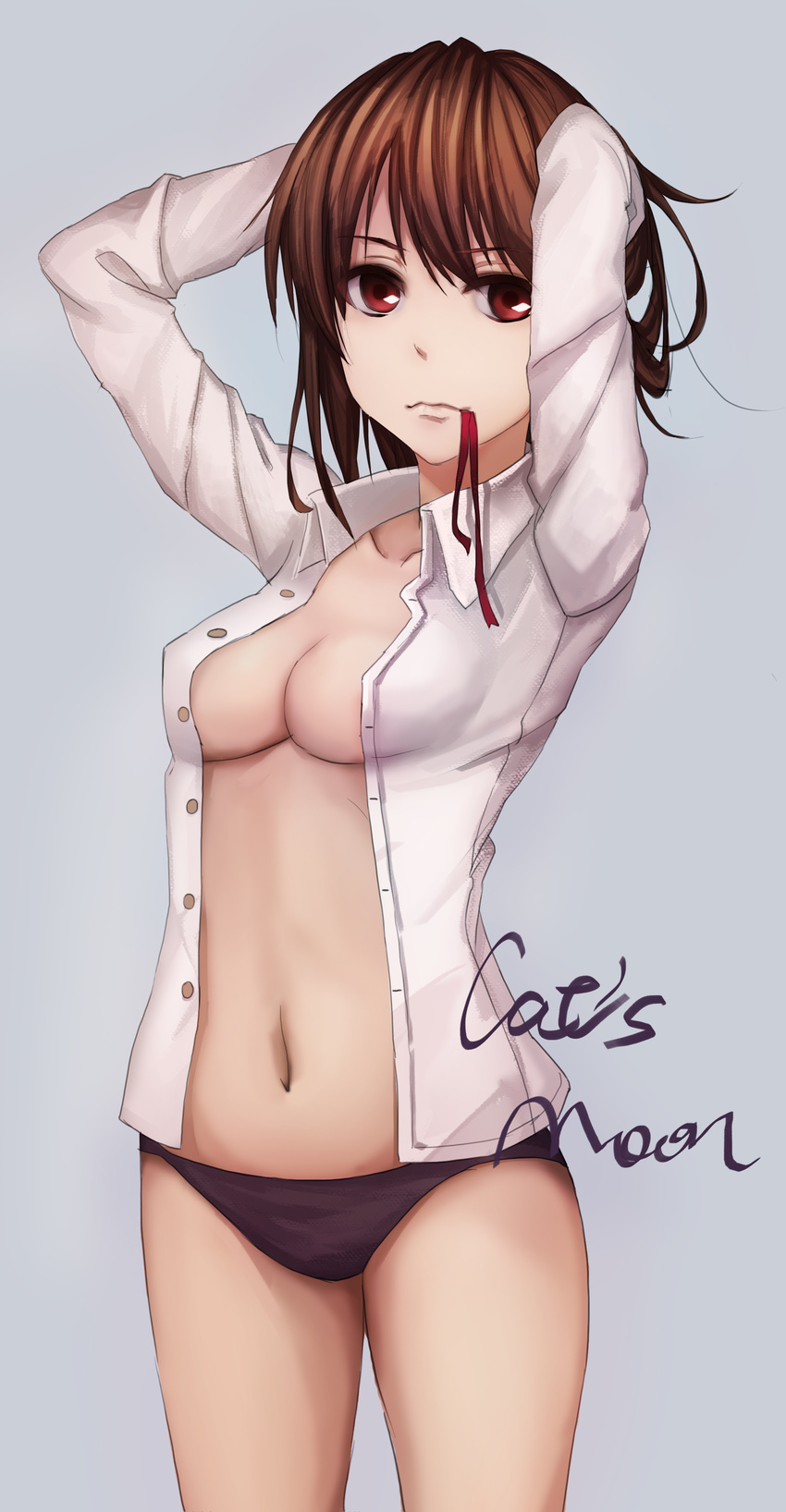 absurdres adjusting_hair arms_up bad_id bad_pixiv_id black_panties breasts brown_eyes brown_hair cleavage commentary_request dress_shirt highres long_sleeves medium_breasts mouth_hold no_bra no_pants open_clothes open_shirt original panties shirt sketch solo underwear youxuemingdie