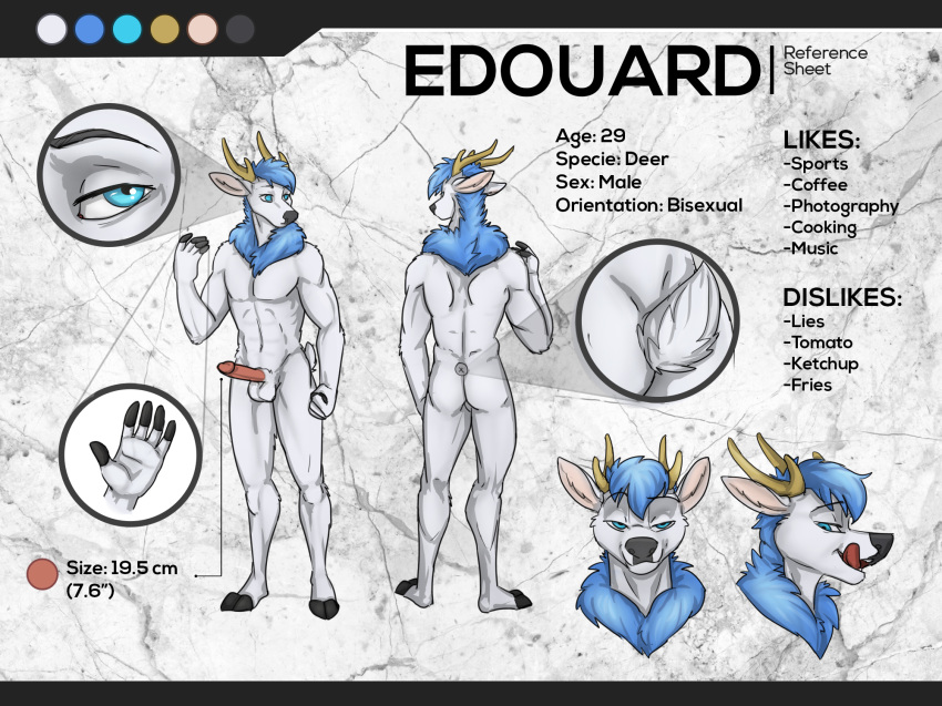 anthro balls butt cervine edouard_elrich english_text erection fur hi_res jaggiekant male mammal model_sheet nude penis solo text tongue tongue_out white_fur