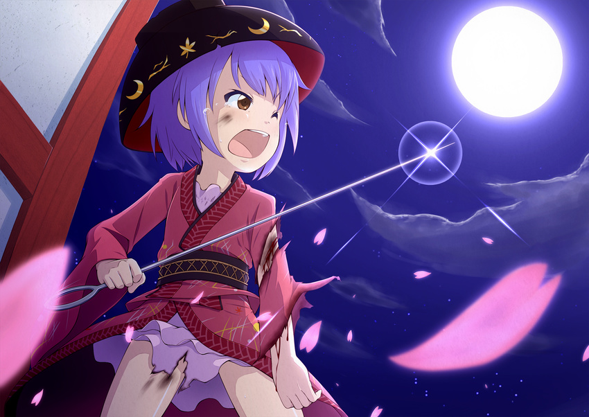 blood bowl bowl_hat d; full_body haragon hat holding_needle injury japanese_clothes kimono needle one_eye_closed open_mouth petals purple_hair shiny short_hair solo sukuna_shinmyoumaru tears torn_clothes touhou