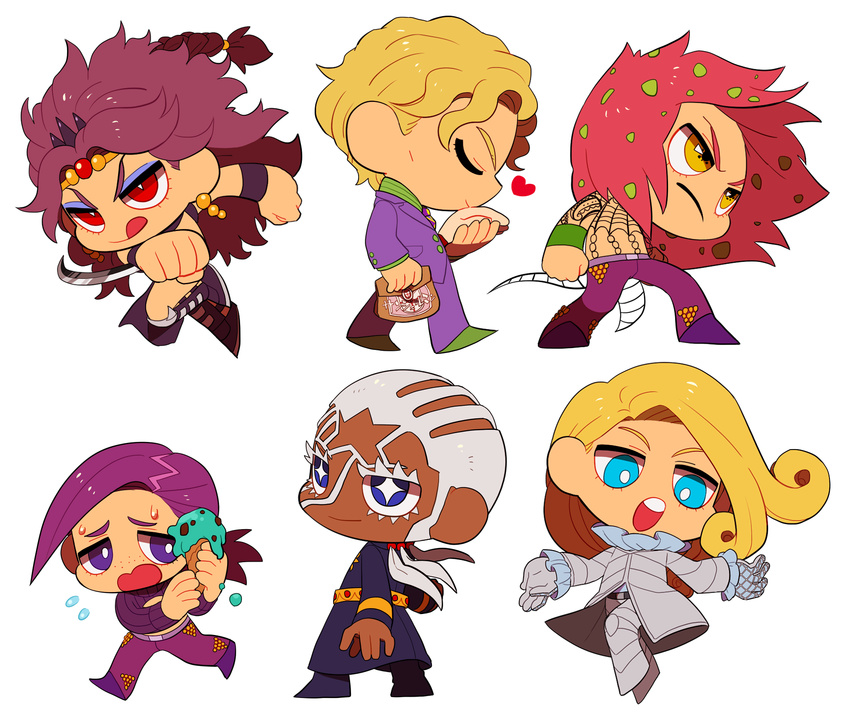 6+boys arm_blade battle_tendency blonde_hair blue_eyes chibi dark_skin dark_skinned_male diamond_wa_kudakenai diavolo enrico_pucci food freckles funny_valentine highres ice_cream jojo_no_kimyou_na_bouken kars_(jojo) kira_yoshikage li_sakura long_hair multiple_boys pink_hair priest purple_eyes purple_hair red_eyes severed_hand steel_ball_run stone_ocean sweatdrop sweater vento_aureo vinegar_doppio weapon white_hair yellow_eyes