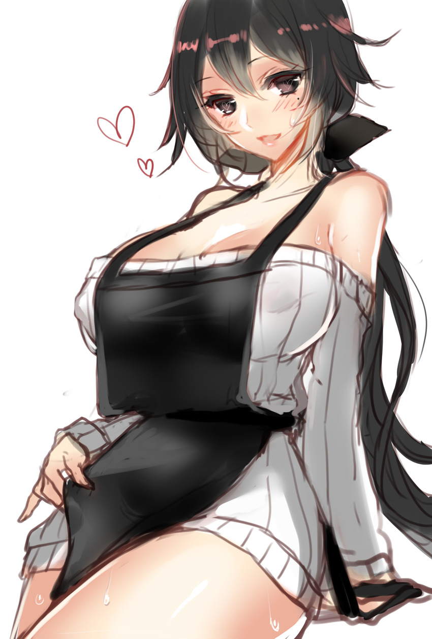 apron apron_lift apt bad_id bad_pixiv_id bare_shoulders black_eyes black_hair blush breasts covered_nipples hair_ribbon heart heart-shaped_pupils highres large_breasts long_hair mole mole_under_eye open_mouth original ribbed_sweater ribbon simple_background smile solo sweat sweater symbol-shaped_pupils white_background