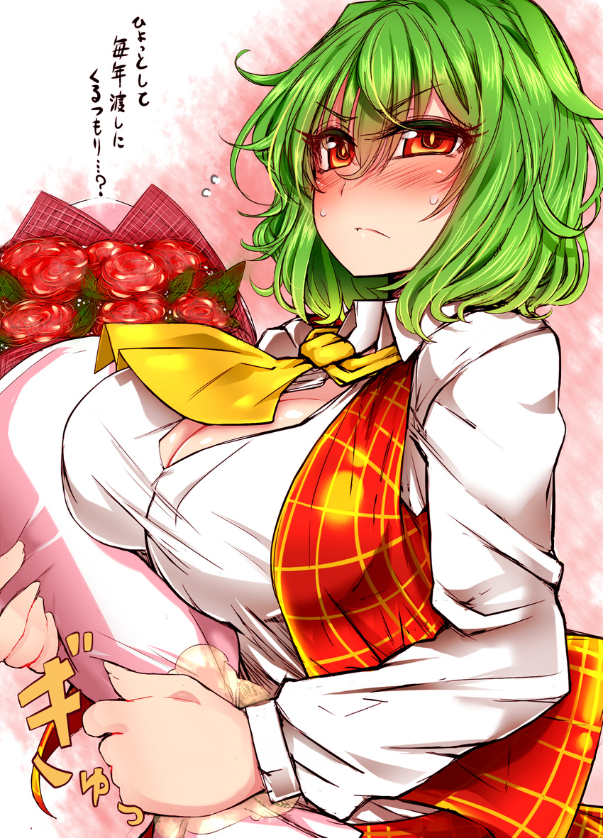 blush bouquet breasts cleavage flower green_hair highres kazami_yuuka large_breasts long_sleeves open_clothes open_vest red_eyes roki_(hirokix) shirt skirt skirt_set solo sweatdrop touhou translation_request vest