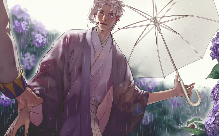 arm_grab backlighting earrings emg_(christain) flower haori holding holding_umbrella hydrangea japanese_clothes jewelry jojo_no_kimyou_na_bouken kakyouin_noriaki kimono lens_flare male_focus purple_eyes rain snail solo_focus transparent transparent_umbrella umbrella white_hair