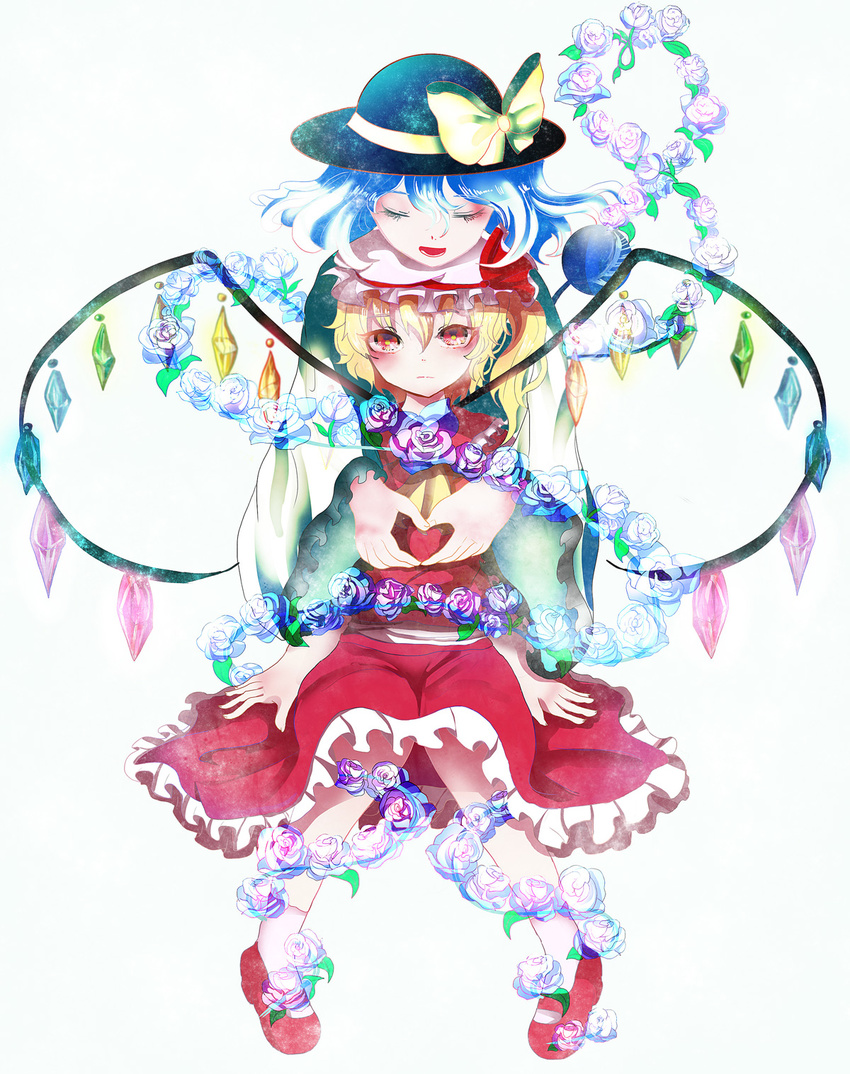 alternate_hair_color ascot bad_hands blonde_hair blouse blue_hair bow closed_eyes commentary_request expressionless flandre_scarlet floating_hair flower hat hat_bow hat_ribbon heart heart_hands highres hug hug_from_behind knees_together_feet_apart komeiji_koishi long_sleeves mary_janes mob_cap multiple_girls omin_(risabon) open_mouth red_eyes red_footwear red_skirt ribbon rose shoes short_hair side_ponytail sitting skirt socks touhou transparent_flower wings