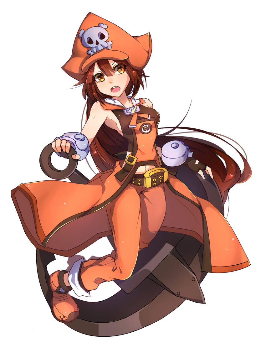 anchor ankle_boots bad_id bad_pixiv_id belt boots breasts brown_eyes brown_hair covered_nipples dot_triangle fingerless_gloves full_body gloves guilty_gear guilty_gear_xrd hat hi-inu highres huge_weapon long_hair may_(guilty_gear) orange_hat orange_shirt pants pants_rolled_up pirate_hat sailor_collar shirt sideboob simple_background skull_and_crossbones sleeveless small_breasts solo weapon