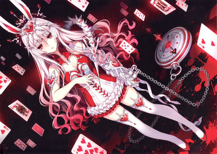 absurdres alice_in_wonderland animal_ears armlet breasts bunny_ears card chain cleavage cleavage_cutout clock dress dutch_angle frills full_body gauntlets gem gradient_hair heart highres jewelry long_hair medium_breasts multicolored multicolored_clothes multicolored_dress multicolored_hair nardack pocket_watch red red_dress red_eyes red_hair ruby_(stone) sleeveless sleeveless_dress solo thighhighs watch white_dress white_hair white_legwear white_rabbit zettai_ryouiki