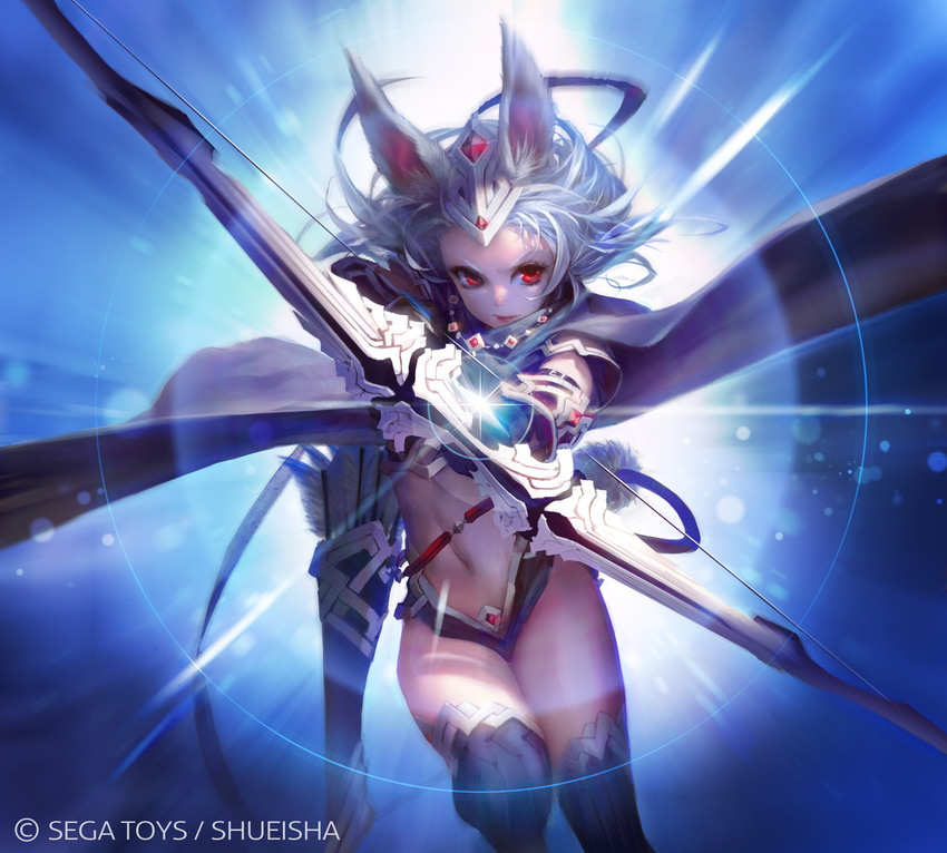 absurdres animal_ears arrow attack bow_(weapon) cape colossus_order determined highres lens_flare long_hair original quiver red_eyes silver_hair solo thighhighs wayjilam weapon