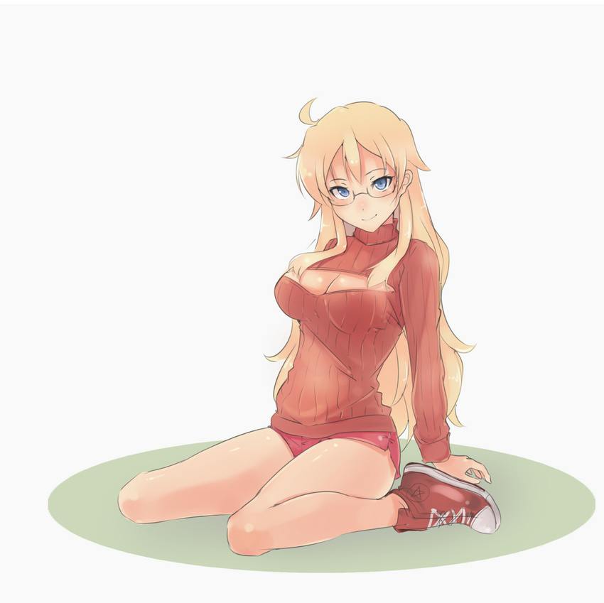 bare_legs ben-tou blonde_hair blue_eyes bluefield boyshorts breasts cleavage cleavage_cutout converse full_body glasses highres large_breasts long_hair looking_at_viewer meme_attire open-chest_sweater ribbed_sweater semi-rimless_eyewear shaga_ayame shoes short_shorts shorts sitting sneakers solo sweater turtleneck under-rim_eyewear wariza
