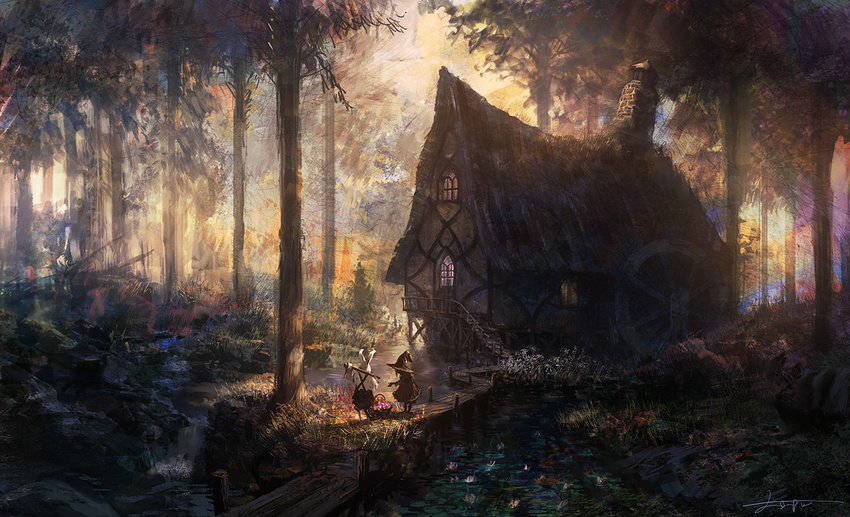 axe black_dress bunny dress fantasy forest hat house nature original path road scenery tree watermill witch witch_hat you_shimizu