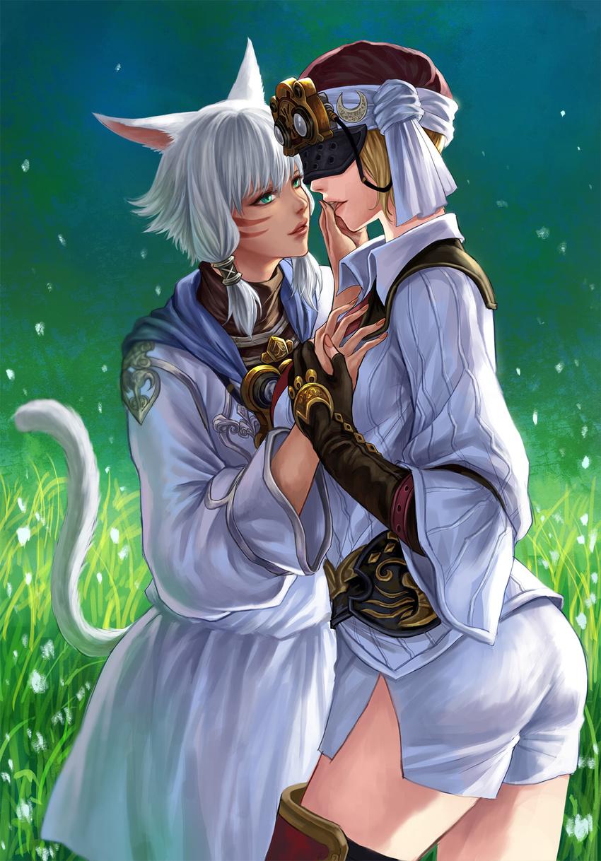 blonde_hair cat_ears cat_tail eyemask facial_mark final_fantasy final_fantasy_xiv finger_on_lips finger_to_mouth gradient gradient_background green_eyes mask miqo'te miqo'te multiple_girls short_shorts shorts sorin tail thighhighs turban y'shtola y'shtola yda_(ff14) yuri