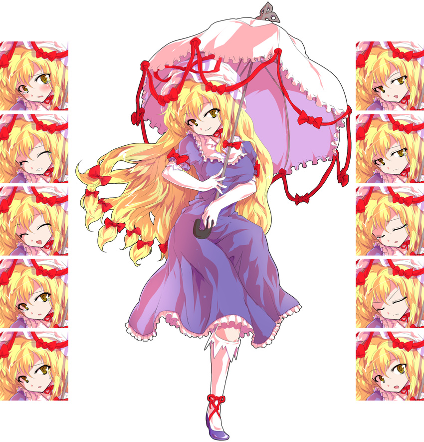 ^_^ alphes_(style) annoyed blonde_hair blush breasts closed_eyes crying dairi dress elbow_gloves expressions full_body gloves head_tilt highres kneehighs large_breasts long_hair open_mouth parody purple_dress smile solo style_parody tachi-e tears touhou transparent_background umbrella very_long_hair yakumo_yukari yellow_eyes