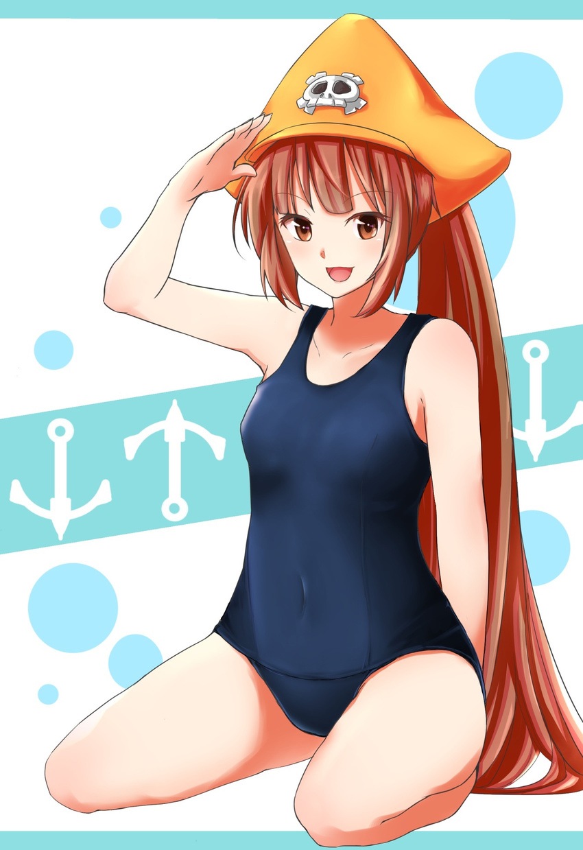 arm_behind_back blue_swimsuit breasts brown_eyes brown_hair guilty_gear hat highres long_hair may_(guilty_gear) one-piece_swimsuit orange_hat otsumami_(otsu-mugi) pirate_hat ponytail salute school_swimsuit seiza sitting skull_and_crossbones small_breasts smile solo swimsuit very_long_hair
