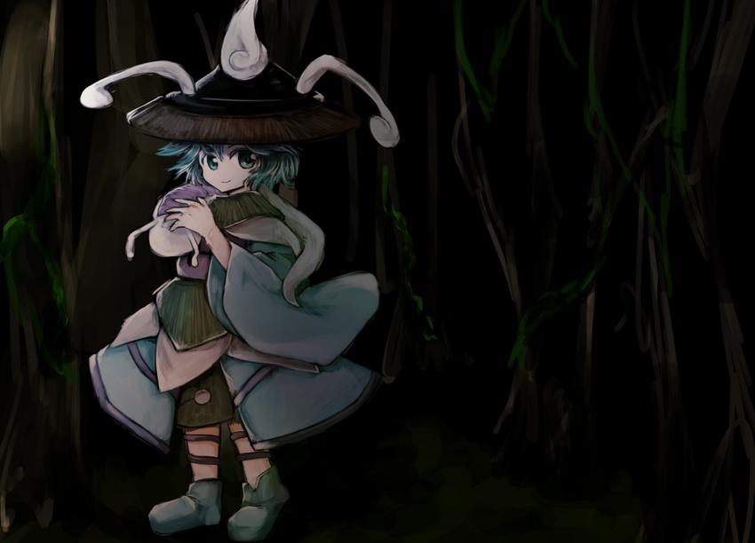 ajirogasa androgynous anmita_(rarutos) antennae bad_id bad_twitter_id blue_eyes blue_hair forest hat japanese_clothes kesa_kujiru len'en nature scarf short_hair slug smile solo