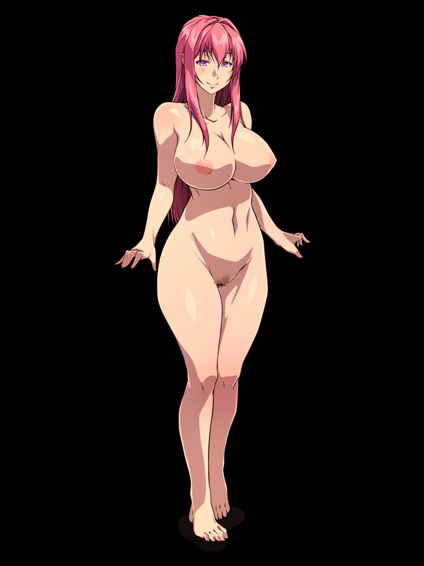 1girl areolae barefoot bible_black black_background blush breasts censored feet full_body highres huge_breasts legs long_hair looking_at_viewer mosaic_censoring navel nightmare_express nipples nude pink_eyes pink_hair pubic_hair pussy simple_background smile solo standing takashiro_hiroko thighs