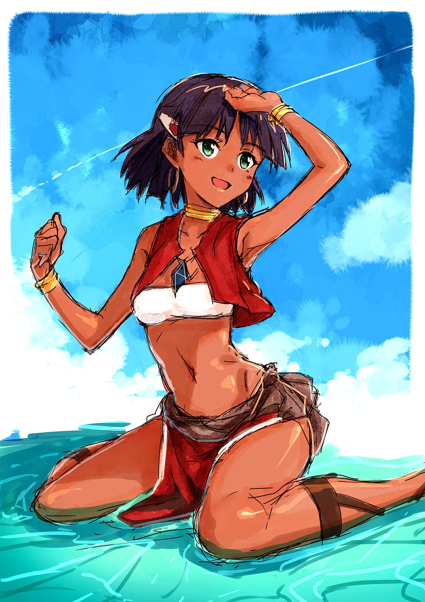 bad_id bad_pixiv_id bandeau black_hair bracelet dark_skin fushigi_no_umi_no_nadia green_eyes highres jewelry nadia neck_ring pelvic_curtain puma_(hyuma1219) short_hair sketch solo strapless