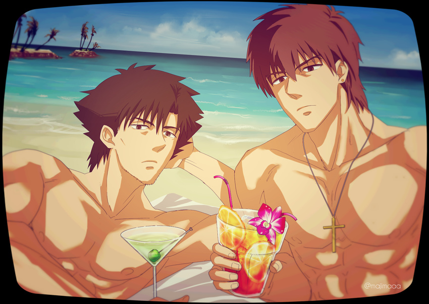 bad_id bad_pixiv_id beach brown_hair cocktail_glass cross cross_necklace cup day drinking_glass emiya_kiritsugu fate/zero fate_(series) jewelry kotomine_kirei multiple_boys necklace olive tropical_drink vacation