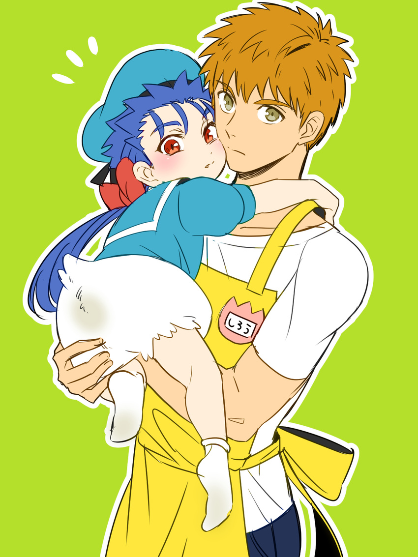 ankle_socks apron bad_id bad_pixiv_id blue_hair bow brown_eyes cosplay disney donald_duck donald_duck_(cosplay) donald_duck_sailor_hat emiya_shirou fang fate/stay_night fate_(series) fusion hair_bow highres kindergarten_teacher lancer long_hair looking_at_viewer multiple_boys name_tag orange_hair ponytail red_eyes shimo_(s_kaminaka)