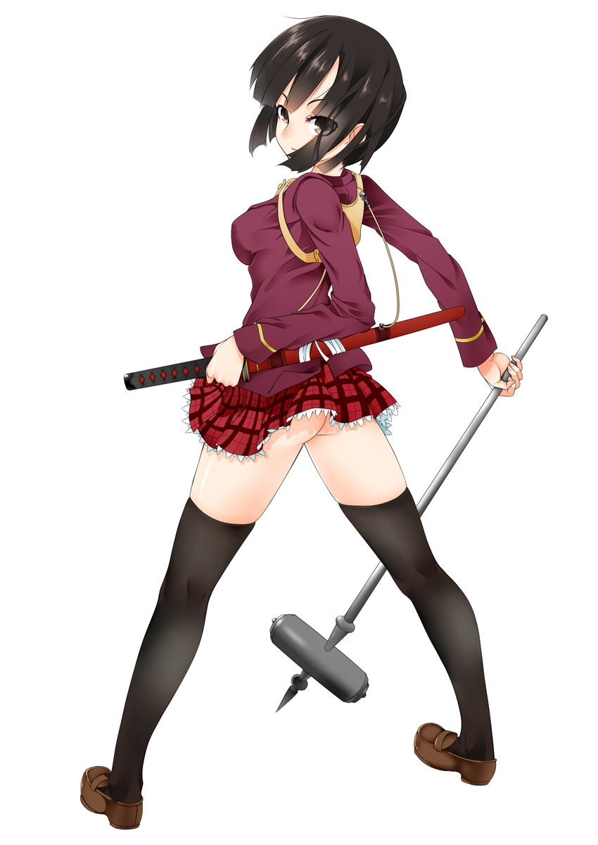 ass black_hair black_legwear blazer breasts chimori dual_wielding from_behind full_body hand_on_hilt highres holding jacket katana loafers looking_back mallet medium_breasts miniskirt no_panties plaid plaid_skirt scabbard school_uniform sheath sheathed shoes short_hair simple_background skirt solo sword thighhighs uq_holder! weapon yuuki_karin zettai_ryouiki