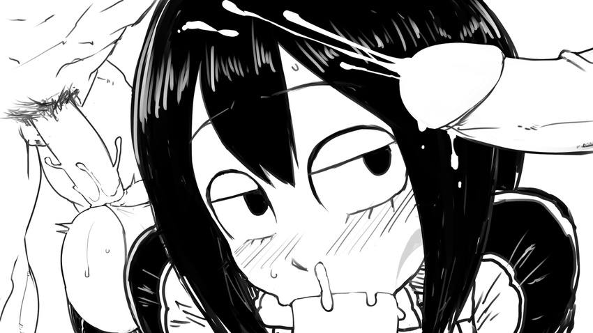 3boys asui_tsuyu blush boku_no_hero_academia cum cum_in_nose fellatio greyscale group_sex hetero long_hair monochrome multiple_boys multiple_penises oral penis sex solo_focus uichi-chi