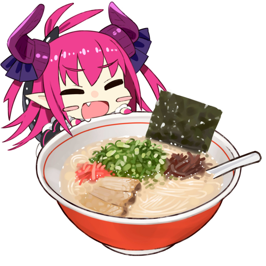 1girl :d =_= absurdres black_skirt blush_stickers bowl chibi drooling elizabeth_bathory_(fate) elizabeth_bathory_(fate)_(all) eyebrows_visible_through_hair eyes_closed fang fate/extra fate/extra_ccc fate_(series) food food_request highres horn_ornament horns kou_mashiro open_mouth pink_hair simple_background skirt smile solo spoon tail white_background