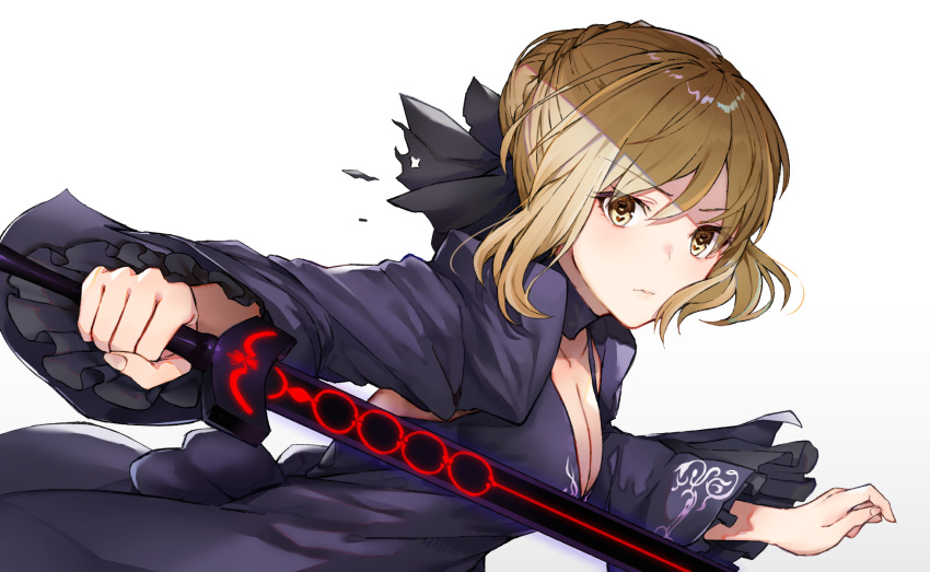 1girl artoria_pendragon_(all) bangs black_cola black_dress blonde_hair braid breasts brown_eyes cleavage closed_mouth commentary_request dark_excalibur dress eyebrows_visible_through_hair fate/grand_order fate_(series) fingernails gradient gradient_background grey_background hair_between_eyes hair_bun highres holding holding_sword holding_weapon long_sleeves saber saber_alter sidelocks small_breasts solo sword weapon white_background wide_sleeves