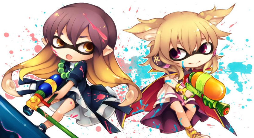 blonde_hair brown_hair dress earmuffs goggles gradient_hair hijiri_byakuren jewelry long_hair multicolored_hair multiple_girls necklace paint_splatter parody purple_eyes purple_hair short_hair skirt sleeveless smile splat_roller_(splatoon) splatoon_(series) splatoon_1 splattershot_(splatoon) style_parody tama_(soon32281) tentacle_hair touhou toyosatomimi_no_miko water_gun yellow_eyes