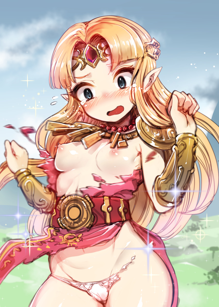 1girl absurdres bangs bare_shoulders blonde_hair blue_eyes blue_sky blurry blurry_background blush breasts cloud commentary_request day depth_of_field dress forehead_jewel glint groin hair_ornament hands_up harigane_shinshi head_tilt highres long_hair medium_breasts navel nintendo nipples nose_blush open_mouth outdoors panties pantsu parted_bangs pink_dress pink_panties pointy_ears princess_zelda sky solo the_legend_of_zelda torn_clothes torn_dress torn_panties underwear very_long_hair