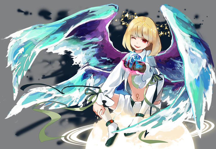 angel_wings anklet bad_id bad_pixiv_id beatmania beatmania_iidx blonde_hair commentary_request darkness earth hand_on_own_knee head_tilt highres holding jacket jewelry looking_at_viewer male_focus mars_symbol multiple_wings navel one_eye_closed open_clothes open_jacket otoko_no_ko rche_(beatmania) red_eyes ribbon sakata_kaname shoes short_hair short_shorts shorts sitting smile solo sparkle tattoo thighhighs white_legwear wings