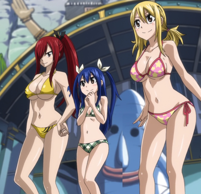 3girls bikini blonde_hair blue_hair breasts brown_eyes child cleavage creator_connection erza_scarlet fairy_tail female griff highres large_breasts long_hair lucy_heartfilia multiple_girls outdoors ponytail rave red_hair screencap solo stitched swimsuit tattoo underboob wendy_marvell