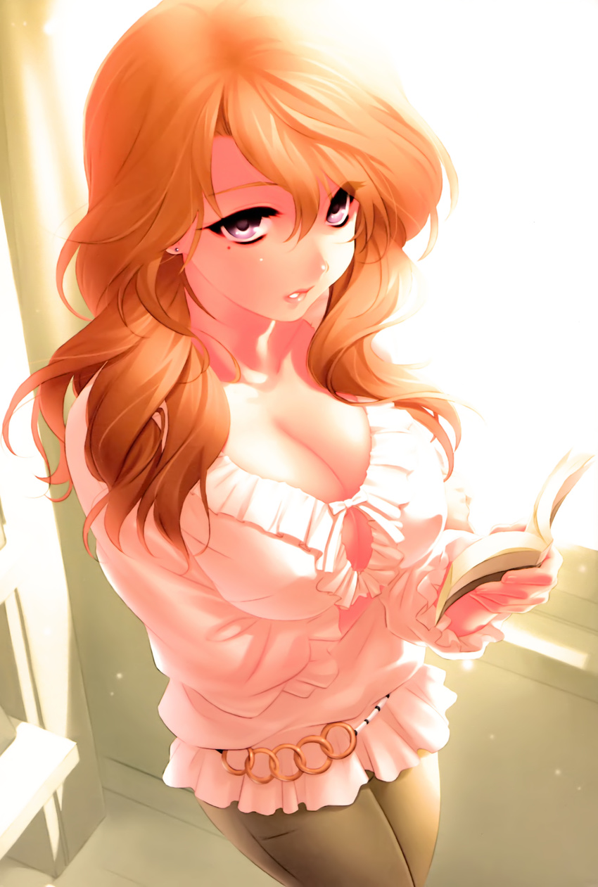 absurdres blonde_hair book breasts brown_hair cleavage downblouse from_above highres holding holding_book indoors kengou large_breasts long_sleeves mole mole_under_eye open_book orange_hair pants solo standing sunlight upper_body window