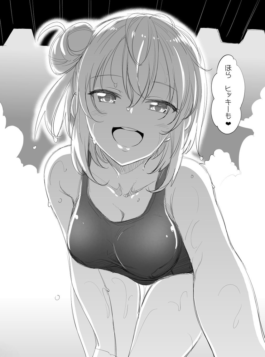 akino_sora blush greyscale hair_bun highres looking_at_viewer monochrome one-piece_swimsuit smile solo swimsuit translation_request wet yahari_ore_no_seishun_lovecome_wa_machigatteiru. yuigahama_yui