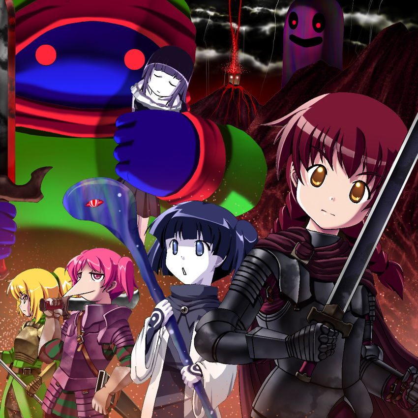 5girls armor beak black_sclera blonde_hair blue_eyes brown_eyes brown_hair creature eyes_closed gloves kasei-san kyukkyu-kun long_hair looking_at_viewer madotsuki monoe monoko multiple_girls pink_hair poniko ponytail rapama red_eyes short_hair short_twintails staff sword tokuto-kun toriningen twin_braids twintails volcano yume_nikki