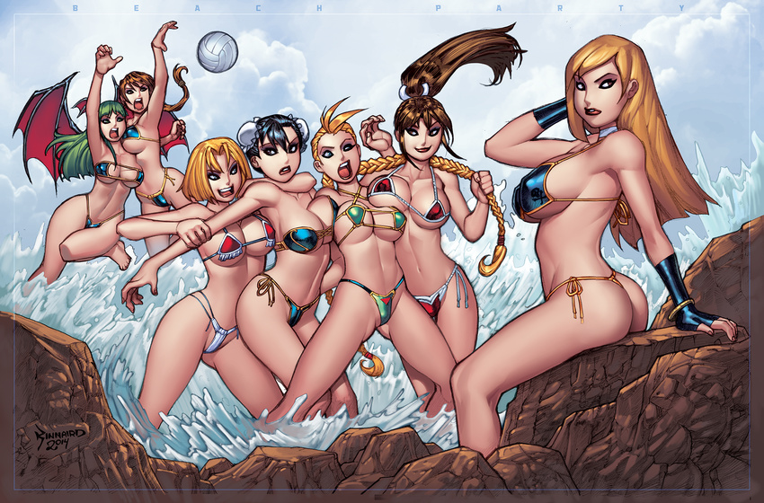 6+girls ass bat_wings beach bikini blonde_hair blue_hair blue_mary bonne_jenet breasts brown_hair bun_cover cammy_white chun-li cleavage crossover double_bun erect_nipples fatal_fury fingerless_gloves gloves green_hair hair_pull headlock king_of_fighters lara_croft large_breasts long_hair morrigan_aensland multiple_girls ponytail rock ryan_kinnaird shiranui_mai short_hair sitting standing street_fighter swimsuit thong thong_bikini tomb_raider twin_braids vampire_(game) volleyball water wave wings