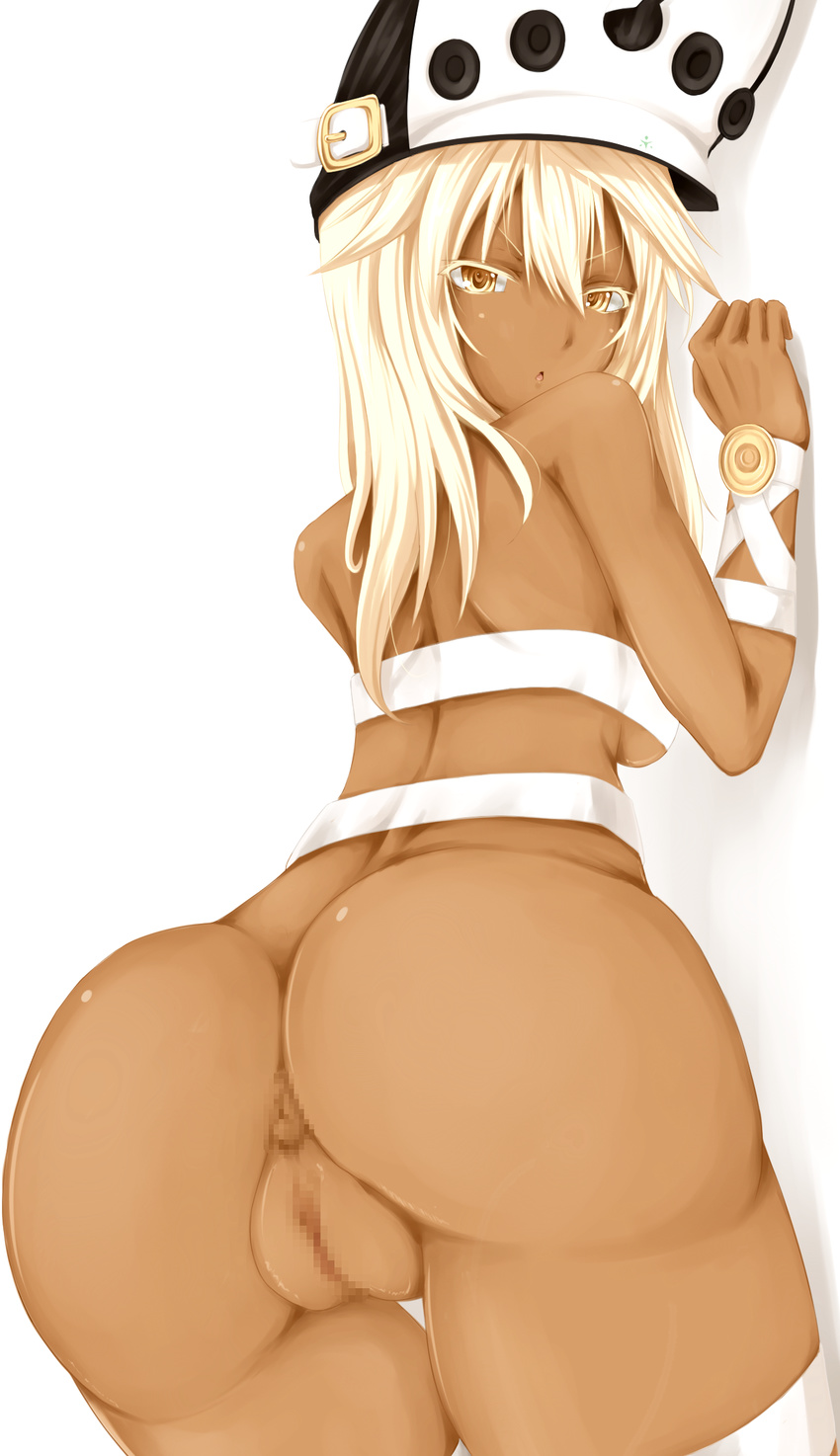 against_wall anus ass ass_focus bad_id bad_twitter_id beltbra blonde_hair bottomless breasts censored commentary_request dark_skin from_behind guilty_gear guilty_gear_xrd highres inaba_sunimi long_hair looking_back medium_breasts mosaic_censoring pussy ramlethal_valentine solo thigh_gap thigh_strap underboob