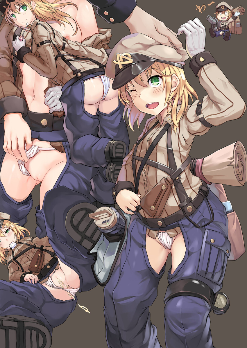 463_jun blonde_hair blush breasts chaps fundoshi fundoshi_aside gloves green_eyes grey_gloves hat highres japanese_clothes long_sleeves midriff military military_hat military_uniform multiple_views navel nipples off_shoulder one_eye_closed open_clothes open_mouth open_shirt original pussy screwdriver shirt single_glove sitting small_breasts smile spread_legs uniform