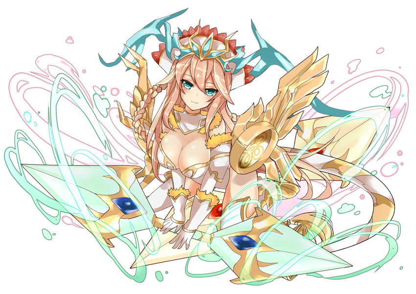 aqua_eyes blonde_hair breasts cleavage headdress highres khibiki large_breasts long_hair looking_at_viewer puzzle_&amp;_dragons sakuya_(p&amp;d) smile solo tail transparent_background weapon wings