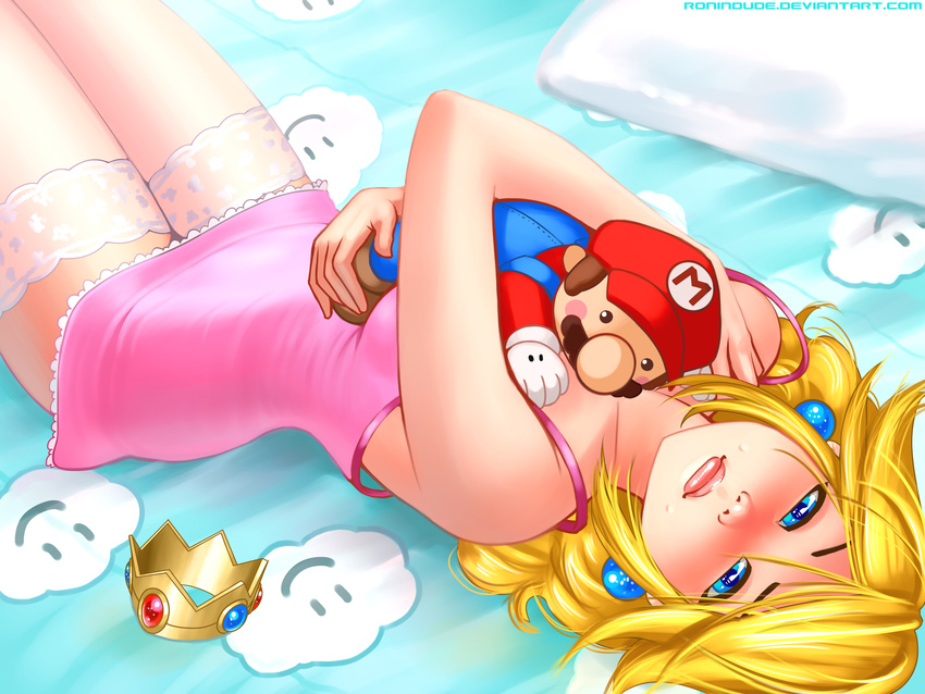 absurdres bed blonde_hair blue_eyes crown curly_hair doll earrings highres hug jewelry lying mario nightgown nintendo on_back princess_peach ronindude solo stuffed_animal stuffed_toy super_mario_bros.