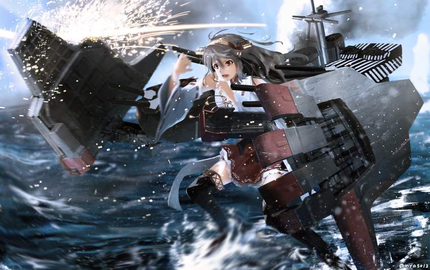 armor_girls_project bare_shoulders black_hair brown_eyes dazzle_paint detached_sleeves hair_ornament hairband hairclip haruna_(kantai_collection) highres japanese_clothes kantai_collection long_hair m-ya mechanical_arm nontraditional_miko open_mouth remodel_(kantai_collection) ricocheting skirt solo striped thighhighs