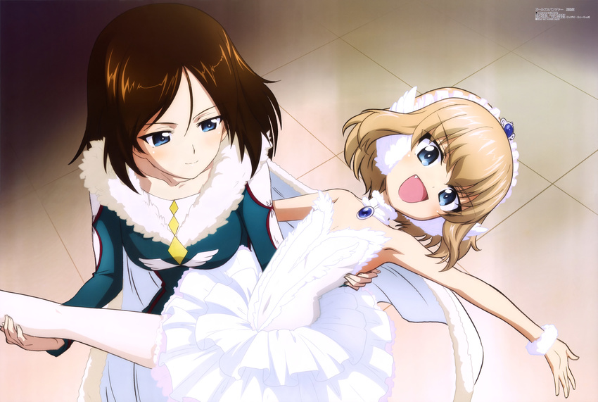 :d absurdres armpits ballerina ballet blonde_hair blue_eyes brown_hair covered_navel dress fang girls_und_panzer highres katyusha megami multiple_girls non-web_source nonna official_art open_mouth outstretched_arm pantyhose short_hair smile sugimoto_isao tile_floor tiles tutu v-shaped_eyebrows