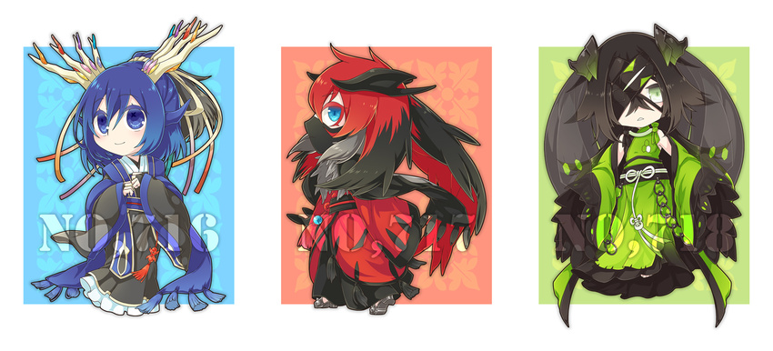 antlers aoiro_69 black_hair blue_eyes blue_hair chibi covered_mouth face_mask gen_6_pokemon green_eyes grey_hair head_wings highres japanese_clothes legendary_pokemon mask multicolored_hair multiple_girls number personification pokemon pokemon_number red_hair xerneas yveltal zygarde