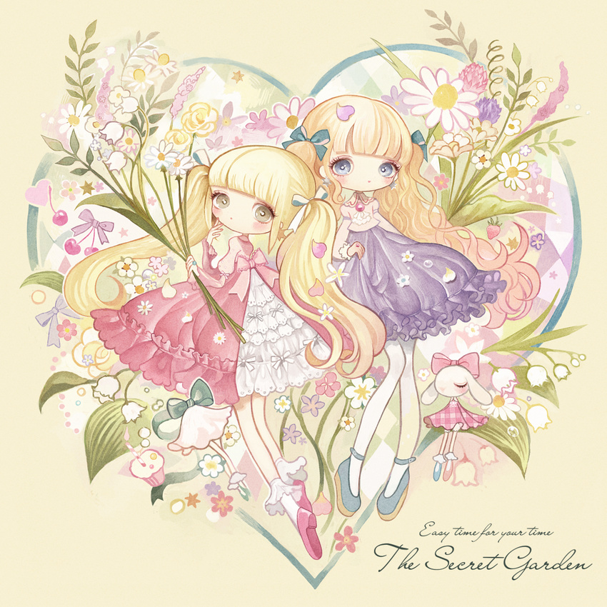bangs blonde_hair blue_eyes blue_footwear blunt_bangs blush bobby_socks bow brooch brown_eyes bunny cherry clover_(flower) cupcake daisy dress earrings floral_background flower food frilled_dress frills from_behind fruit hair_ribbon hand_on_own_face heart highres holding jewelry lalala222 lily_of_the_valley lolita_fashion long_hair long_sleeves looking_at_viewer looking_back multiple_girls mushroom nail_polish original pantyhose petals pink_dress pink_footwear purple_dress red_nails ribbon ring shoes socks star star_earrings strawberry twintails very_long_hair wavy_hair