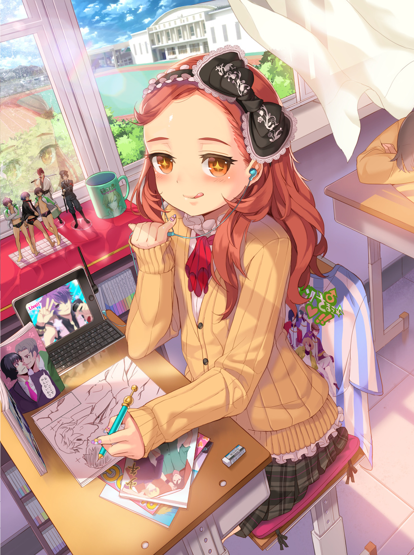1girl :q arm_out_of_sleeve armband bad_reflection banned_artist barefoot blue_sky blush boots cardigan chair character_request classroom cloud cup day desk earphones eraser error figure fujoshi furyou_michi_~gang_road~ hairband heart highres indoors jacket japanese_clothes katana keyboard_(computer) licking_lips lolita_hairband long_hair looking_back male_swimwear mars_symbol military military_uniform mug necktie open_clothes open_jacket orange_eyes orange_hair pleated_skirt reflection sitting skirt sky solo_focus sparkling_eyes standing swim_briefs swimsuit swimwear sword tablet_pc tongue tongue_out uniform v weapon window xil yaoi